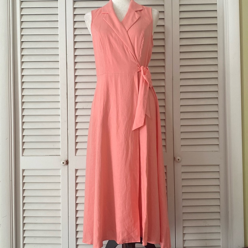 DKNY Coral colored wrap dress with side Tie size 6